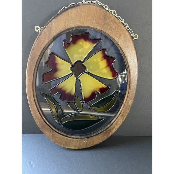 Vintage Other - Vtg. Wooden Framed Stained Glass Acrylic Suncatcher Flower Overlay Cottagecore